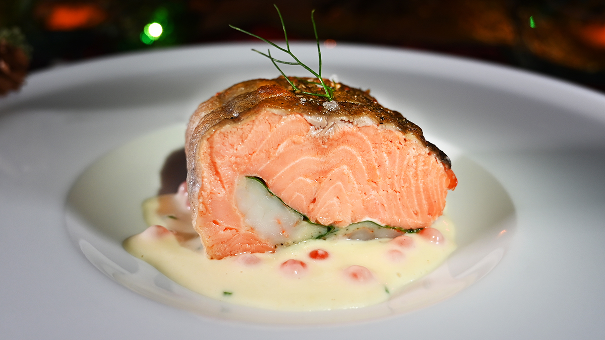 Roasted Chilean Coho Salmon, Scallop and Shrimp Stuffing, Horseradish Butter Sauce, Salmon Roe Garnish