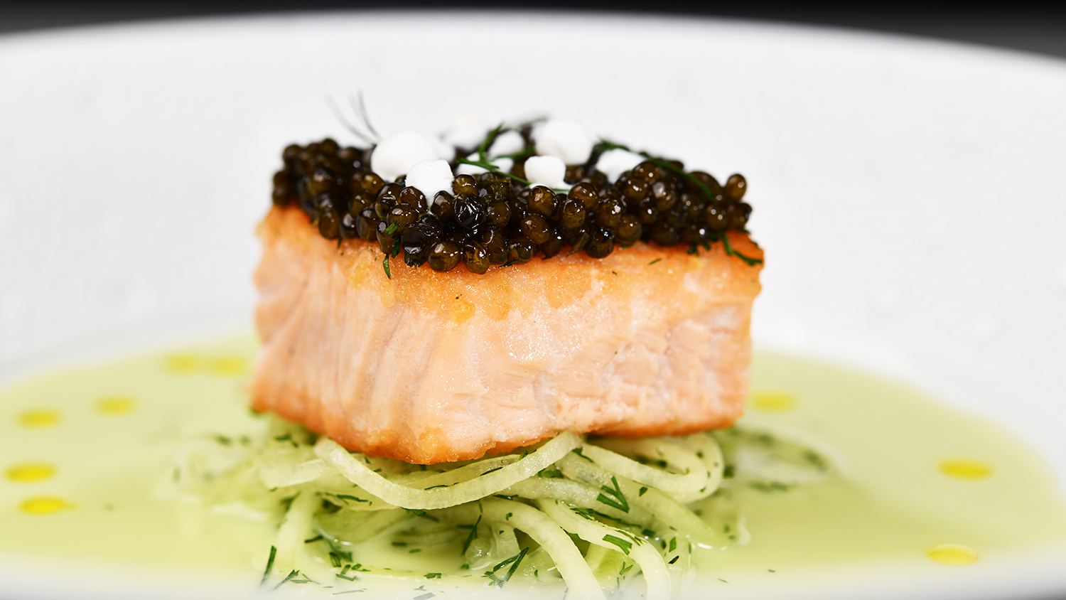 Seared Chilean Salmon, Cucumber Gazpacho, Osetra Caviar 4x4