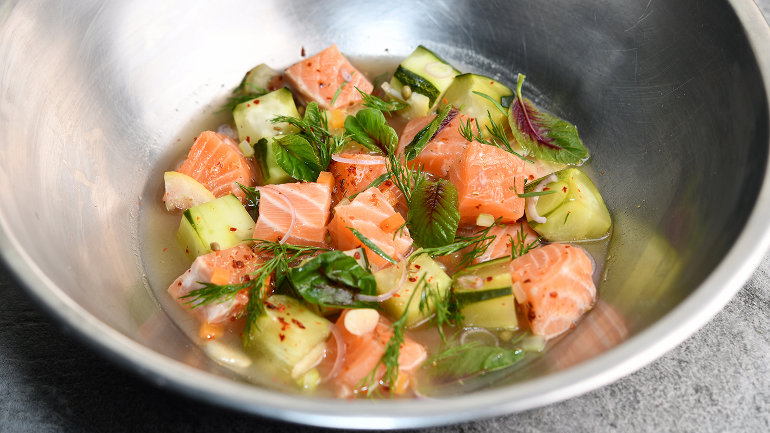 Pickled Salmon Loin, Cucumber, Mapuche Pepper, Amaranth Leaf, Herbs 16x9