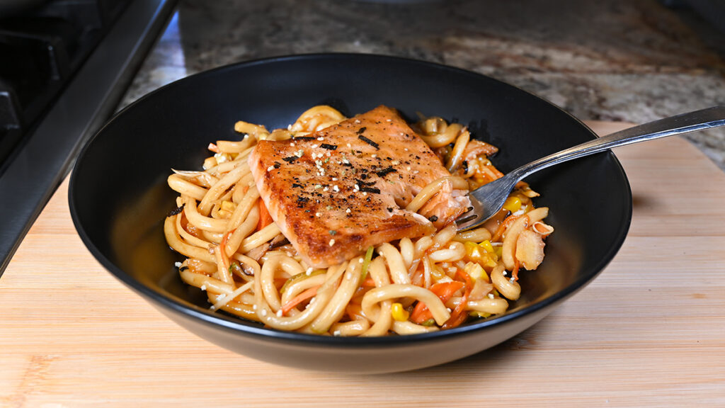 Picture of salmon filet with udon noodles